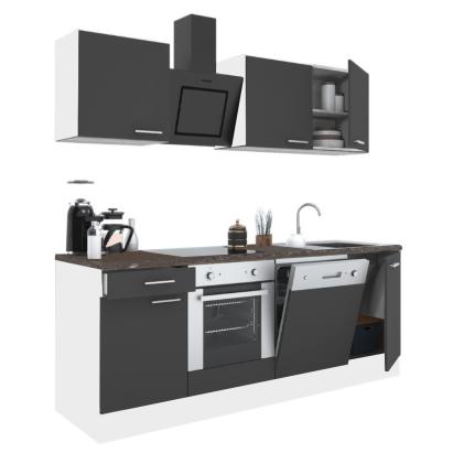 Bucătărie modulară Leziter Yorki 220 cm, alb cu fronturi antracit satinat, corp cuptor inclus