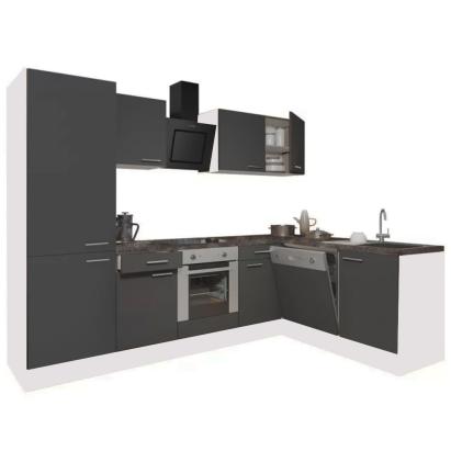 Mobilă de bucătărie de colț Leziter Yorki 280 cm, alb cu front antracit satinat, cu dulap rafturi