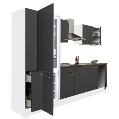Mobilă de bucătărie Leziter Yorki 300 cm, corp alb, front antracit satinat, pentru frigider jos