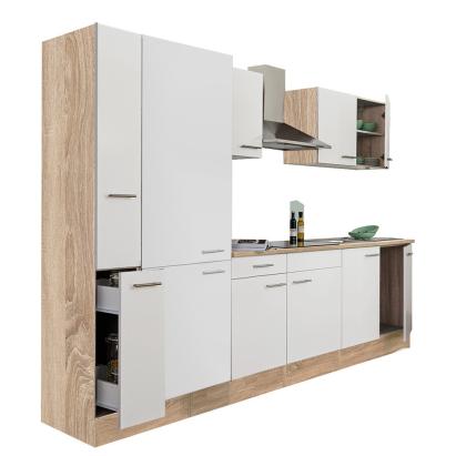 Mobilă de bucătărie Leziter Yorki 300 cm, stejar Sonoma, alb satinat, dulap cu raft