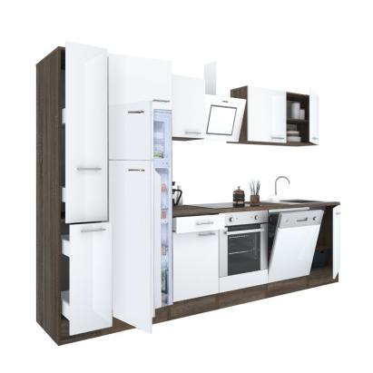 Bucătărie modulară Leziter Yorki 310 cm, stejar Yorki și alb satinat, corp cuptor + coloană frigider