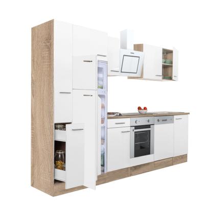 Bucătărie modulară Leziter Yorki 310 cm, stejar Sonoma și alb satinat, cu corp cuptor și modul frigider