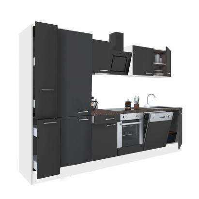 Mobilă de bucătărie Leziter Yorki 310 cm, alb cu față antracit satinat, cu dulap tip cămară