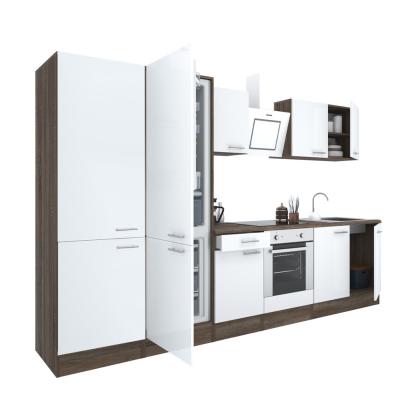 Mobilă de bucătărie Leziter Yorki 330 cm, alb satinat și stejar, cu modul cuptor