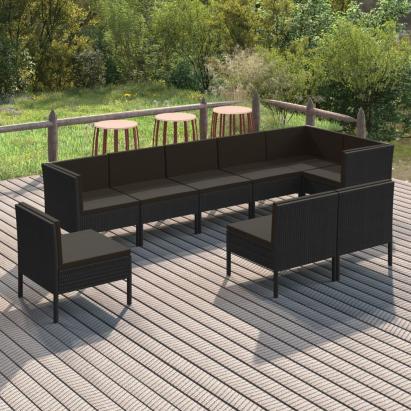 Set mobilier de grădină cu perne, 9 piese, negru, poliratan GartenMobel Dekor
