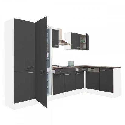 Bucătărie de colț Yorki 340 cm, alb/antracit satinat, cu cămară și spațiu frigider