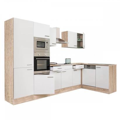 Mobilă de bucătărie de colț Leziter Yorki 340 cm, Sonoma & alb satinat, dulap cu raft
