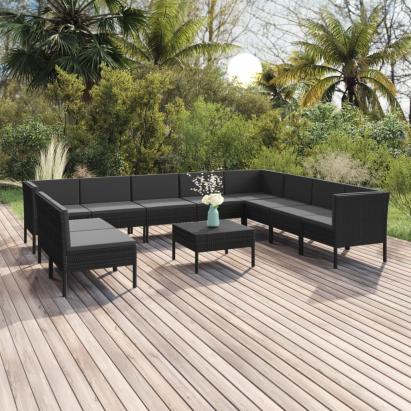 Set mobilier de grădină cu perne, 11 piese, negru, poliratan GartenMobel Dekor