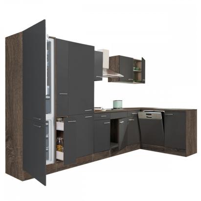 Mobilă bucătărie de colț Yorki 370 cm, stejar Yorki și antracit satinat, cu dulap și loc frigider