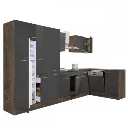 Mobilă de bucătărie de colț Yorki 370 cm, stejar Yorki, antracit satinat, cu cămară și spațiu frigider