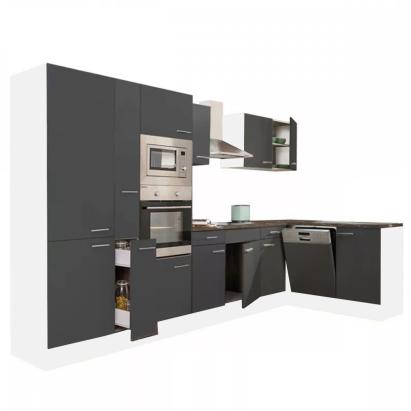 Mobilă de bucătărie de colț Yorki 370 cm, alb cu front antracit satinat, cu dulap cu raft