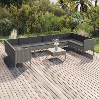 Set mobilier de grădină cu perne, 11 piese, gri, poliratan GartenMobel Dekor