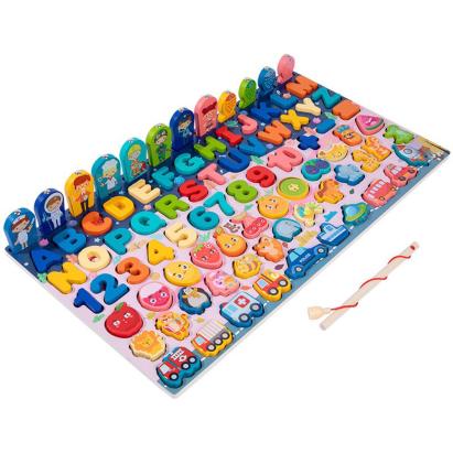 Jucărie Montessori 6 în 1 din lemn Leziter, puzzle litere-cifre cu pescuit magnetic