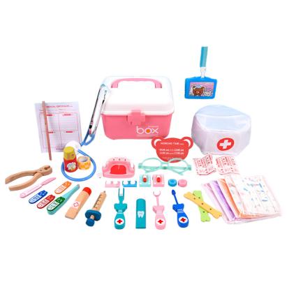 Set dentist din lemn Leziter cu 38 accesorii, roz, pentru joacă de rol