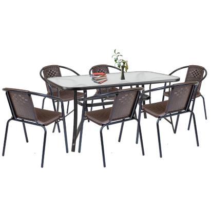 Set mobilier de grădină Leziter Elzas 6+1, maro, masă cu sticlă securizată