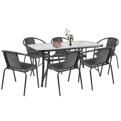 Set mobilier de grădină Leziter Elzas 6+1 negru, masă sticlă și 6 scaune