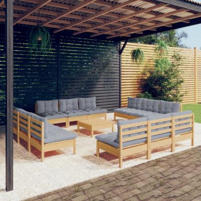 Set mobilier grădină cu perne, 13 piese, gri, lemn de pin GartenMobel Dekor