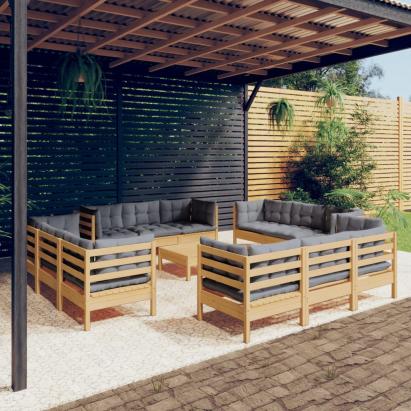 Set mobilier grădină cu perne, 13 piese, gri, lemn de pin GartenMobel Dekor