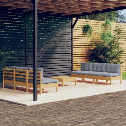 Set mobilier grădină cu perne gri, 7 piese, lemn masiv de pin GartenMobel Dekor