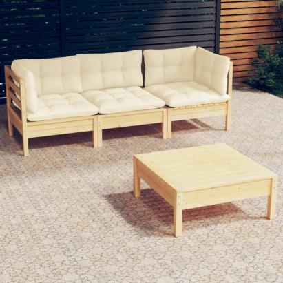 Set mobilier grădină cu perne crem, 4 piese, lemn de pin GartenMobel Dekor