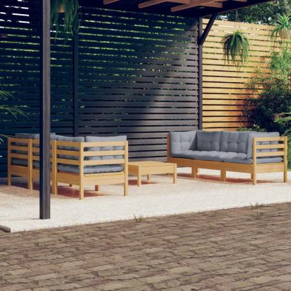 Set mobilier grădină cu perne gri, 7 piese, lemn masiv de pin GartenMobel Dekor