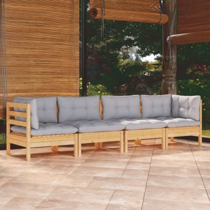 Set mobilier grădină cu perne gri, 4 piese, lemn masiv de pin GartenMobel Dekor