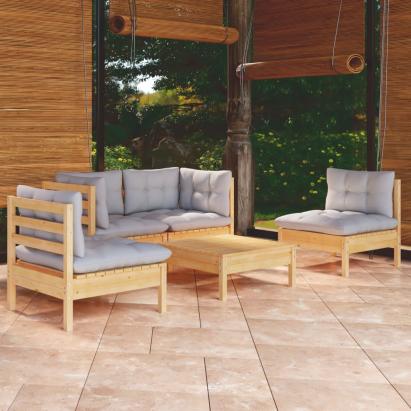 Set mobilier de grădină cu perne gri, 5 piese, lemn masiv pin GartenMobel Dekor