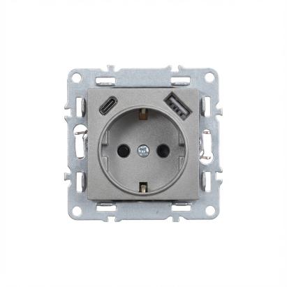 Priză Leziter Nova cu împământare, USB-A + USB-C 2A, montaj încastrat, gri