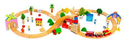 Set tren din lemn Homelux, 74 piese cu sine, tunel cu macara si accesorii