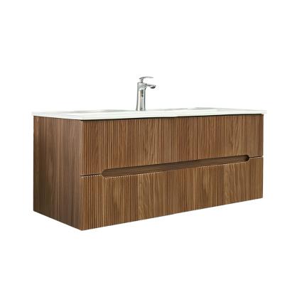 Mască chiuvetă baie Leziter Trent 120 cu lavoar ceramic, 2 sertare, stejar apus de soare