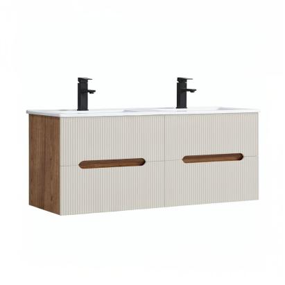 Masca lavoar baie Leziter Trent 120 cm cu lavoar ceramic, 4 sertare, Sunset Oak-White