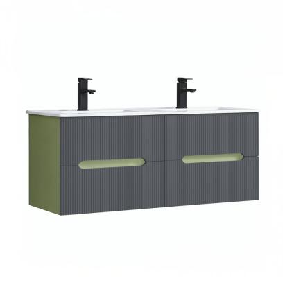 Dulap baie suspendat Leziter Trent 120 cm cu chiuvetă ceramică, verde fistic/gri