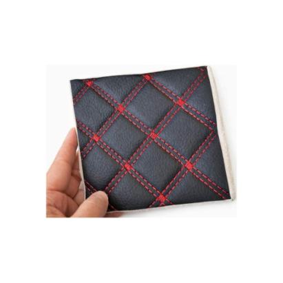 Material imitație piele matlasată romb negru, cusătură roșie, 5 mm – Y01NR