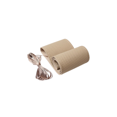 Husă volan din piele perforată, mărimea M, bej – cu ac și ață (LUXA399)