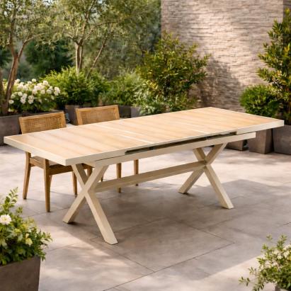 Masa gradina extensibila 180-240 cm din aluminiu cu blat aspect lemn, 180-240x90x76 cm, bej Household NewTrend