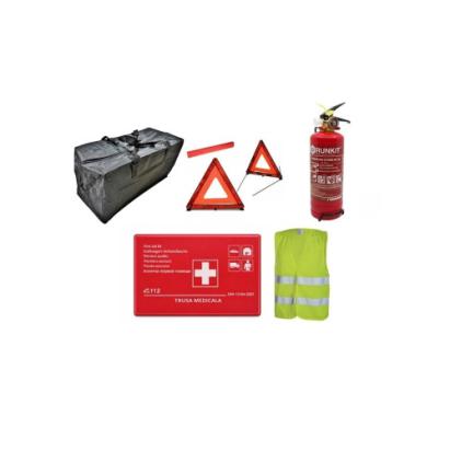 Kit siguranță auto complet cu trusă DIN 13164, 2 triunghiuri, stingător și vestă
