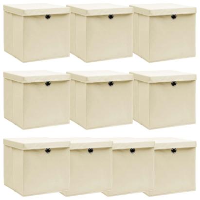 Cutii depozitare cu capace 10 buc. crem, 32x32x32 cm, textil GartenMobel Dekor