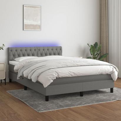 Pat cu arcuri, saltea și LED, gri închis, 140x200 cm, textil GartenMobel Dekor