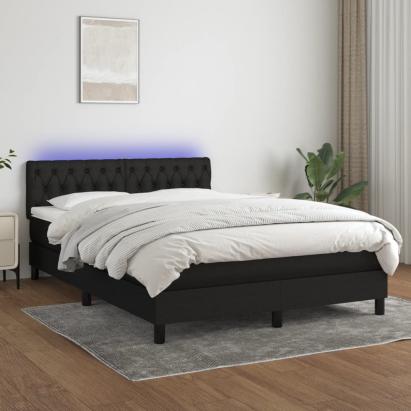 Pat cu arcuri, saltea și LED, negru, 140x200 cm, textil GartenMobel Dekor