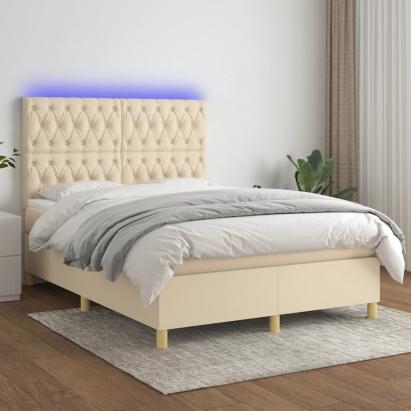 Pat cu arcuri, saltea și LED, crem, 140x200 cm, textil GartenMobel Dekor