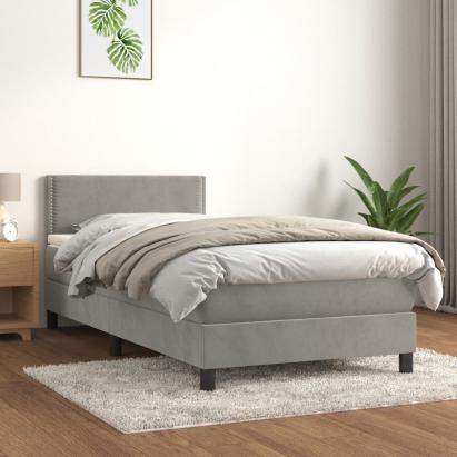 Pat box spring cu saltea, gri deschis, 90x200 cm, catifea GartenMobel Dekor