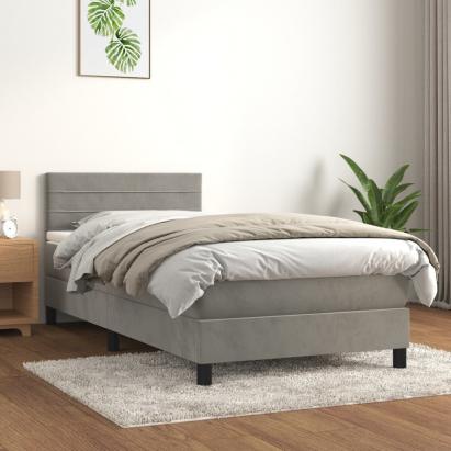 Pat box spring cu saltea, gri deschis, 90x200 cm, catifea GartenMobel Dekor
