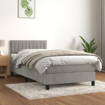 Pat box spring cu saltea, gri deschis, 90x190 cm, catifea GartenMobel Dekor
