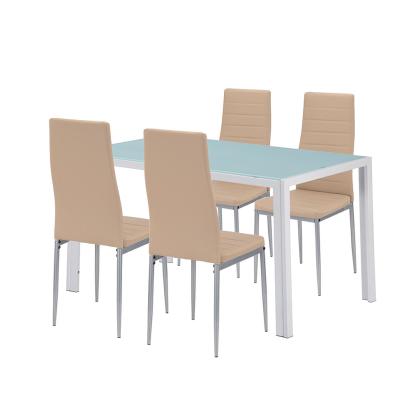Set de dining Leziter Mabel 4+1 cu masă din sticlă și 4 scaune bej-gri