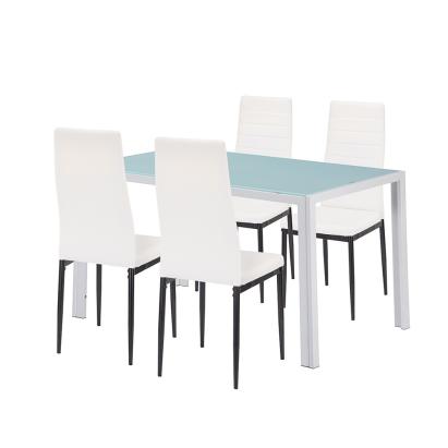 Set dining Leziter Mabel 4+1 alb-negru, masă cu sticlă securizată și 4 scaune