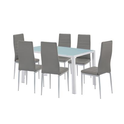 Set de dining Leziter Mabel 6+1 cu masă din sticlă securizată și 6 scaune gri