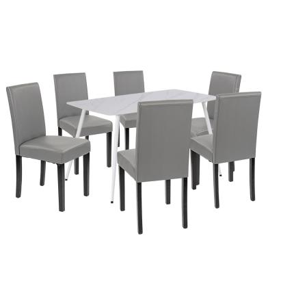 Set masă dining Leziter Megan 6+1 alb-gri, cu masă Bora 140 cm și 6 scaune Kelly