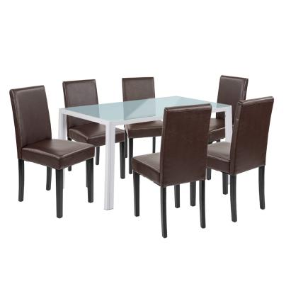Set de masă Leziter Mira cu 6 scaune, masă din sticlă albă, scaune maro