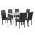 Set masă dining Leziter Mira 6+1 cu masă sticlă albă și 6 scaune negre