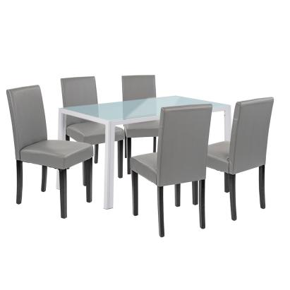 Set masă dining Leziter Mira 6+1 alb-gri cu masă din sticlă și 6 scaune